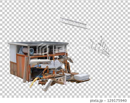 A dangerous material storage area at a construction site where materials and tools were blown away due to poor protection and securing from the typhoon. 129175940