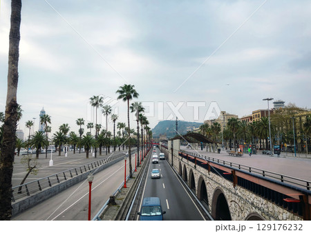 A wide-angle view of a multi-lane highway with traffic, lined on both sides by rows of tall palm trees. 2021 year. 129176232