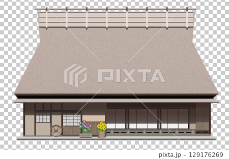 Illustration of an old house with a thatched roof Illustration of an old house with a thatched roof 129176269