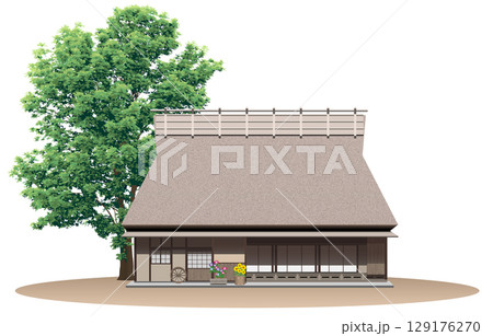 茅葺屋根の古民家のイラスト 茅葺屋根の古民家のイラスト 129176270