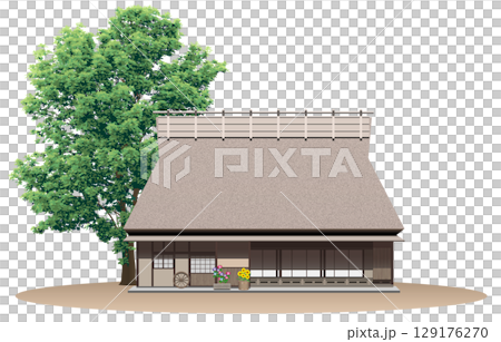 茅葺屋根の古民家のイラスト 茅葺屋根の古民家のイラスト 129176270