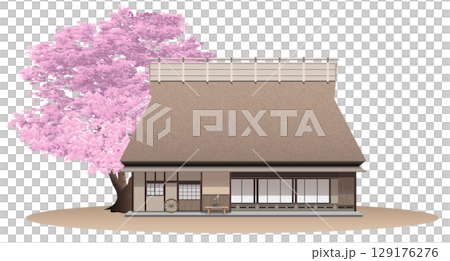 Illustration of an old house with a thatched roof 129176276