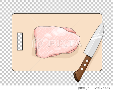 生雞腿（皮朝上）、刀子和切菜板的插圖 129176585