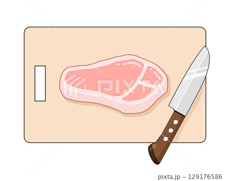 生の豚肉と包丁とまな板のイラスト 129176586
