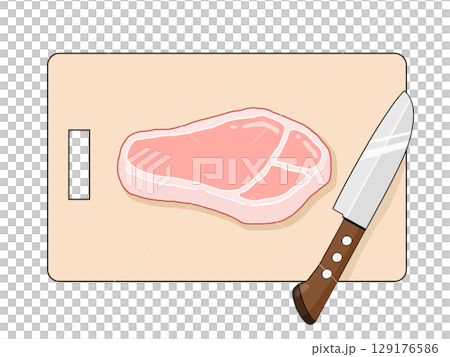 生の豚肉と包丁とまな板のイラスト 129176586