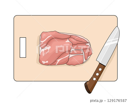 皮を下にした生の鶏モモ肉と包丁とまな板のイラスト 129176587