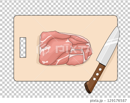 皮を下にした生の鶏モモ肉と包丁とまな板のイラスト 129176587