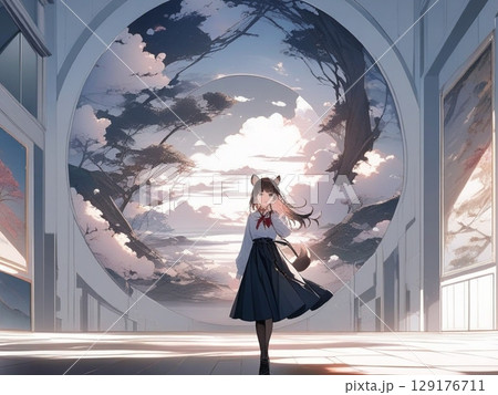 白黒の空と木を背に歩く女の子 129176711