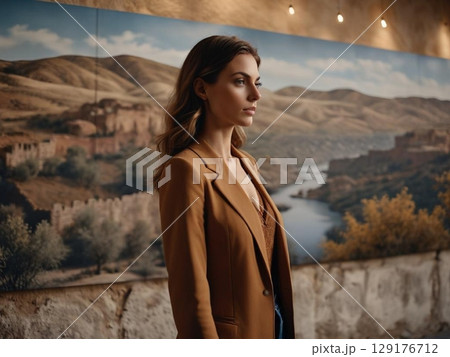 パノラマ写真を貼った壁を背にたたずむ若い女性 129176712