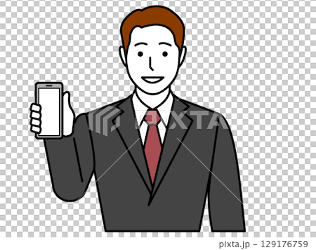 メガネ無し、グレースーツ、スマホの画面を見せる男性 129176759