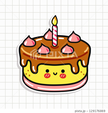Adorable cartoon birthday cake with a lit candle, ready for a celebration 129176869