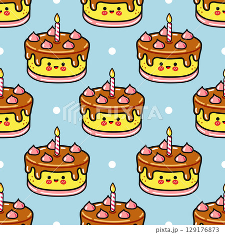 Repeating pattern of cute cartoon cakes on a soft blue backdrop with a fun, playful design. 129176873