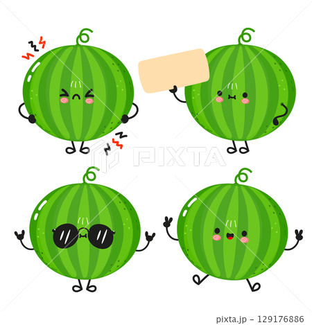 These cute watermelon characters express a variety of emotions with unique poses and facial expressions. These cute watermelon characters express a variety of emotions with unique poses and facial expressions. 129176886