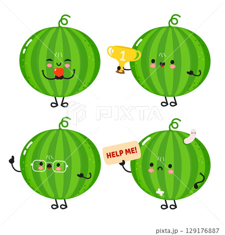Four adorable cartoon watermelons, each with...のイラスト素材 [129176887] - PIXTA