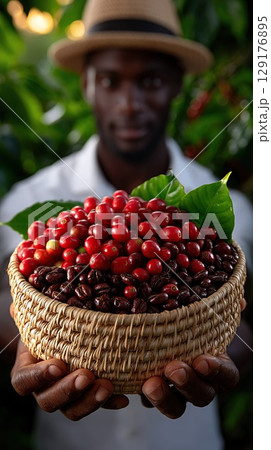 Farmer holding a basket of fresh coffee cherries and beans 129176895