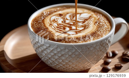 Enjoy a beautifully crafted latte with perfect latte art and coffee beans. Enjoy a beautifully crafted latte with perfect latte art and coffee beans. 129176939