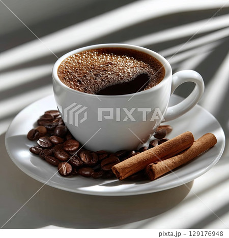 A cup of freshly brewed coffee with cinnamon, perfect for a coffee break. A cup of freshly brewed coffee with cinnamon, perfect for a coffee break. 129176948