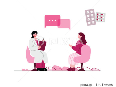 女医に相談する女性患者 129176960