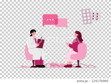 女医に相談する女性患者 129176960