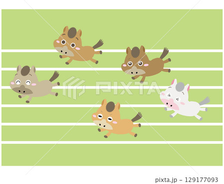 走る馬キャラクターたちのレース|干支・運動・競争・努力を表現するかわいいイラスト 走る馬キャラクターたちのレース|干支・運動・競争・努力を表現するかわいいイラスト 129177093