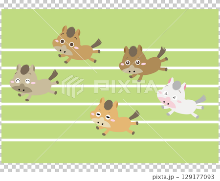 走る馬キャラクターたちのレース|干支・運動・競争・努力を表現するかわいいイラスト 走る馬キャラクターたちのレース|干支・運動・競争・努力を表現するかわいいイラスト 129177093