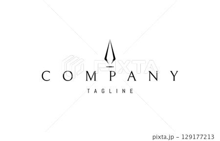 A vector logo featuring an abstract image an ink quill shaped like a spearhead, merging the ideas of writing and strength in a minimal silhouette. 129177213