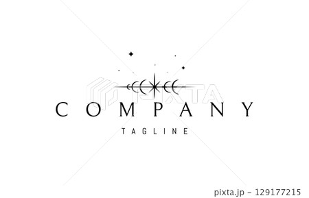 A vector logo featuring an abstract image a planetary alignment forming a parade, crowned by a radiant star at the top, symbolizing cosmic order. 129177215