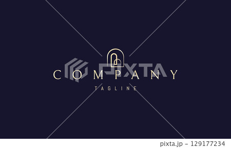 A vector golden logo featuring an abstract image an arch nested within another arch, drawn in a linear style, evoking depth, symmetry, and minimalism. 129177234