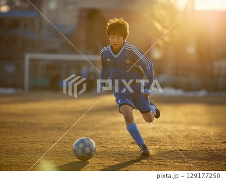 部活のグラウンドでドリブルするサッカー部員 129177250