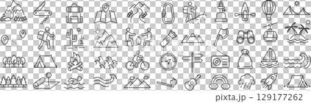 ベクターでモノクロの冒険に関する線画アイコンセット ベクターでモノクロの冒険に関する線画アイコンセット 129177262