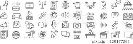 ベクターでモノクロのマスメディアに関する線画アイコンセット 129177263