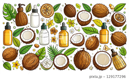 design and template for labels and bottles for cosmetics with coconuts and coconut oil 129177296