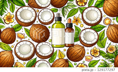 design and template for labels and bottles for cosmetics with coconuts and coconut oil 129177297