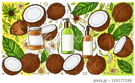 design and template for labels and bottles for cosmetics with coconuts and coconut oil 129177298