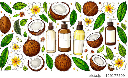 design and template for labels and bottles for cosmetics with coconuts and coconut oil 129177299