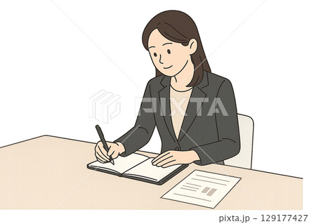 メモを取りながら社内ミーティングに参加する女性社員 129177427