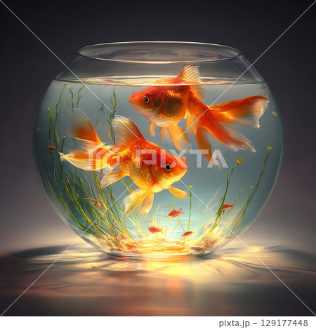 幻想的な光に包まれたガラス鉢の優雅な金魚 129177448