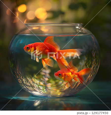 幻想的な光に包まれたガラス鉢の優雅な金魚 129177450