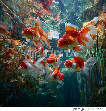 鮮やかな水草と共に泳ぐ色鮮やかな金魚たち 129177543