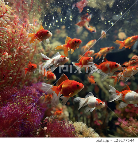鮮やかな水草と共に泳ぐ色鮮やかな金魚たち 129177544