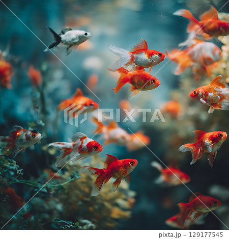 鮮やかな水草と共に泳ぐ色鮮やかな金魚たち 129177545