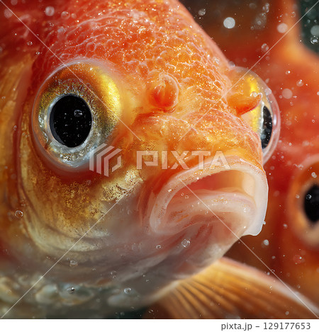水中で輝くオレンジ色の金魚のクローズアップ 129177653