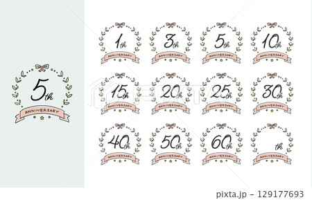手描きのかわいい周年記念アニバーサリーアイコンセット（イラスト、ベクター、線画） 129177693