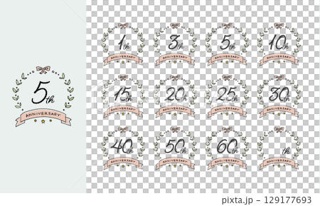 手描きのかわいい周年記念アニバーサリーアイコンセット（イラスト、ベクター、線画） 129177693