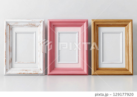 Clean. Empty color photo frame for a collage of three photos in a minimalist style on a white background. 129177920