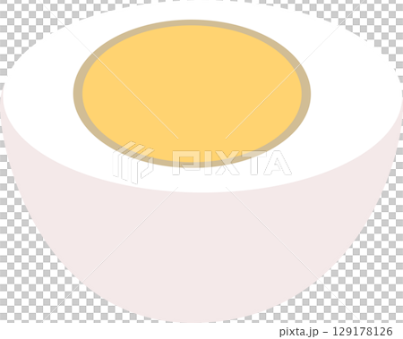 a half-cut overcooked boiled egg. hard boiled egg top angle 129178126