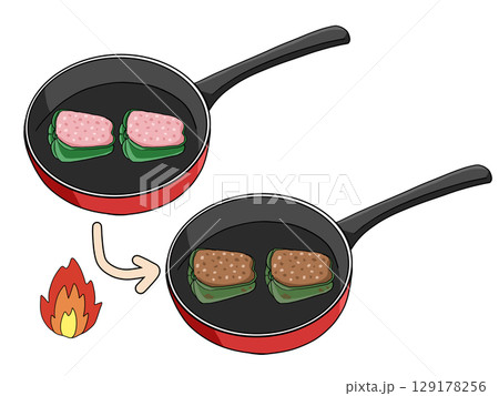 フライパンでピーマンの肉詰めを焼くイラスト フライパンでピーマンの肉詰めを焼くイラスト 129178256