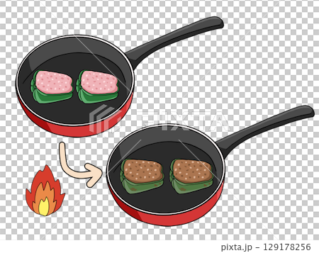 フライパンでピーマンの肉詰めを焼くイラスト フライパンでピーマンの肉詰めを焼くイラスト 129178256