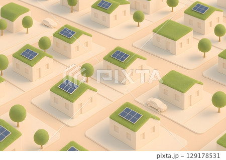 グリーン屋根と太陽光パネルが並ぶエコタウンの街並み 129178531