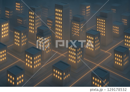 ネットワーク化された夜の高層都市と光の交差点 129178532